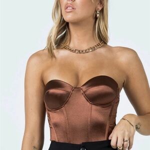 Satin Brown Strapless Corset Bodysuit